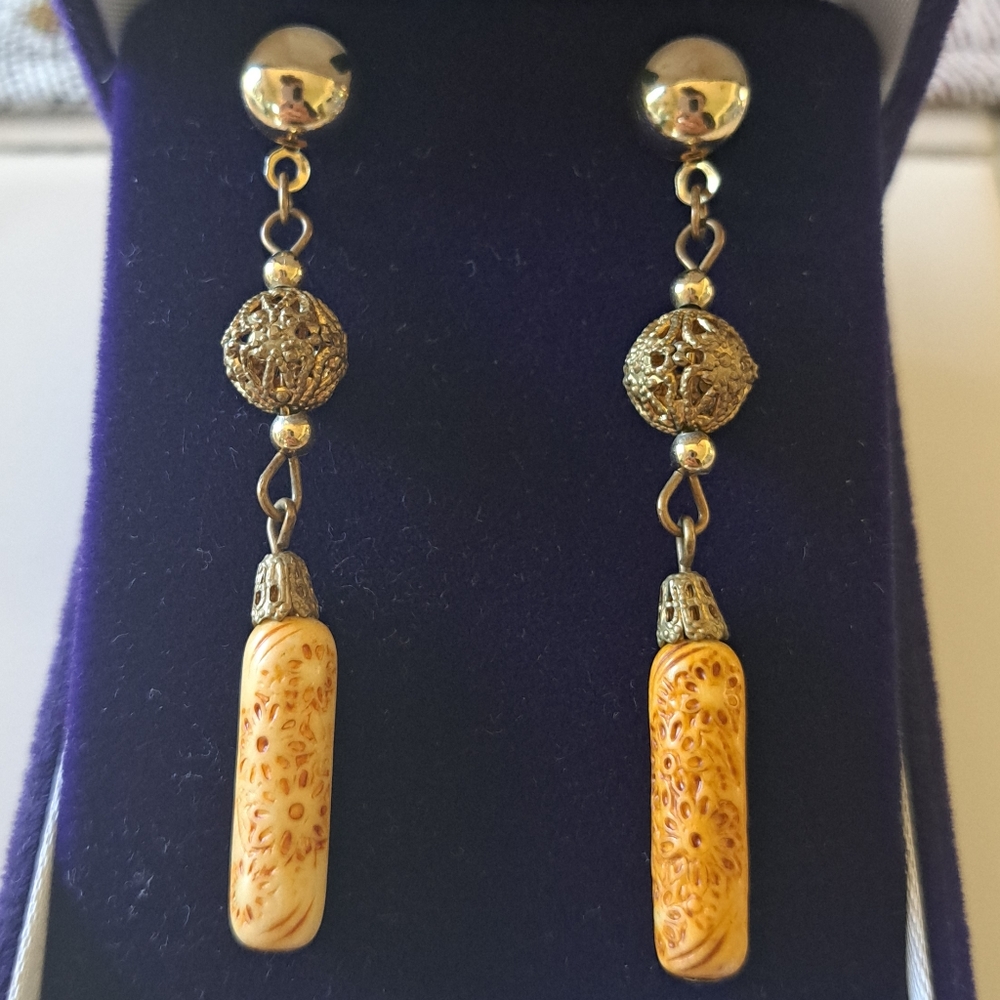 Vintage Carved Bead Post Earrings
